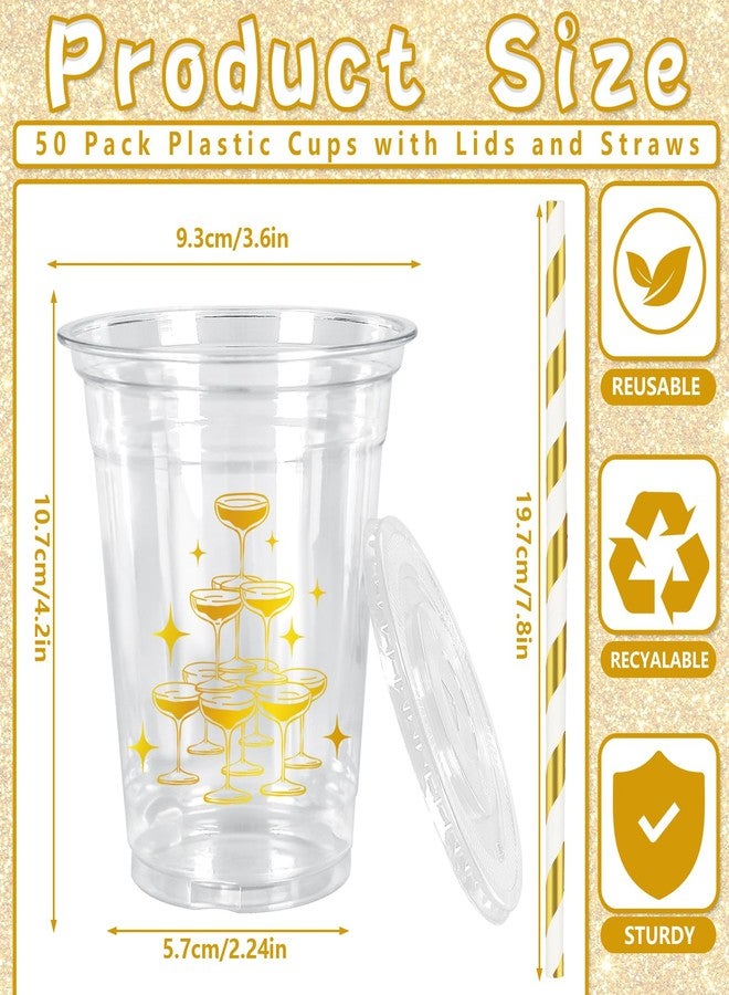 JarThenaAMCS أكواب بلاستيكية من JarThenaAMCS سعة 12 أونصة، 50 قطعة، مع أغطية وماصات ذهبية اللون، للاستخدام مرة واحدة، مثالية لحفلات أعياد الميلاد وحفلات توديع العزوبية. - Image 2